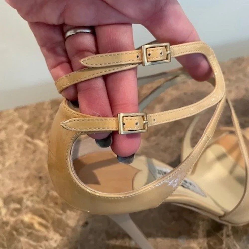 Jimmy Choo LANCE Nude Patent Leather Sandals – Sz 7.5
